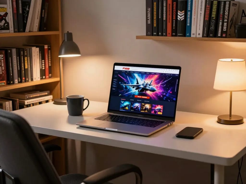 Player engaging with F168 casino on a laptop in a stylish home setting, showcasing a comfortable online gaming experience.