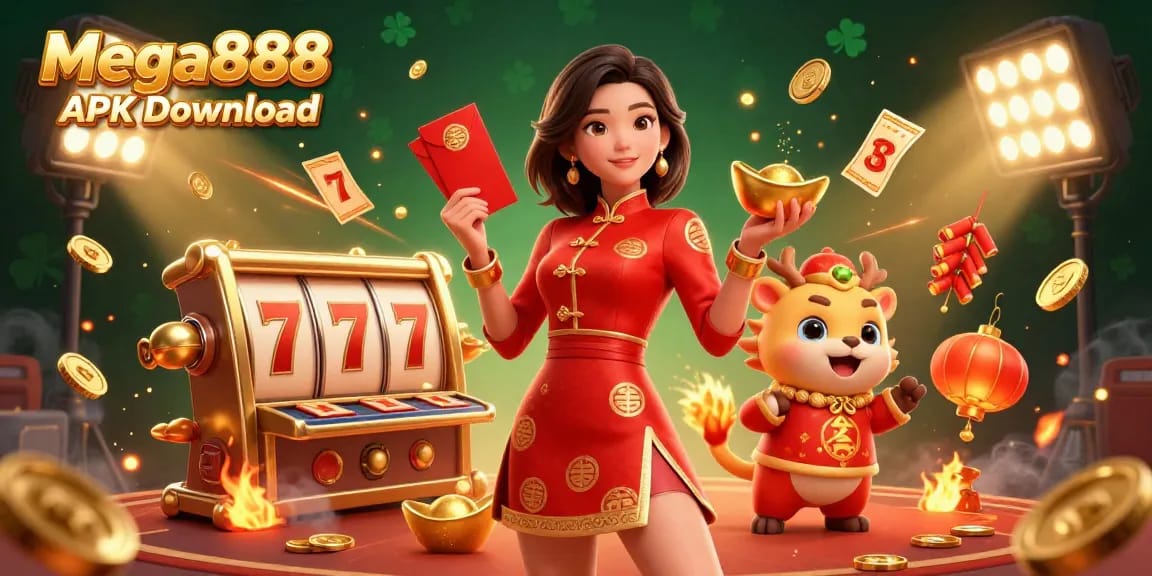 Play Mega888 APK Download with excitement as vibrant characters celebrate with iconic casino elements in a colorful scene.