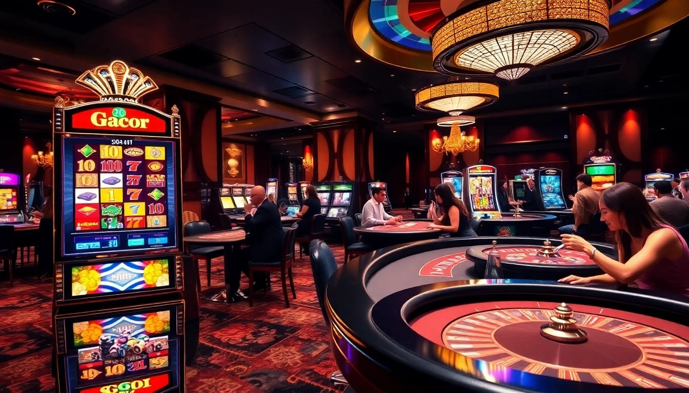Players winning on the gacor slot machine, showcasing excitement and luxury in a casino environment.