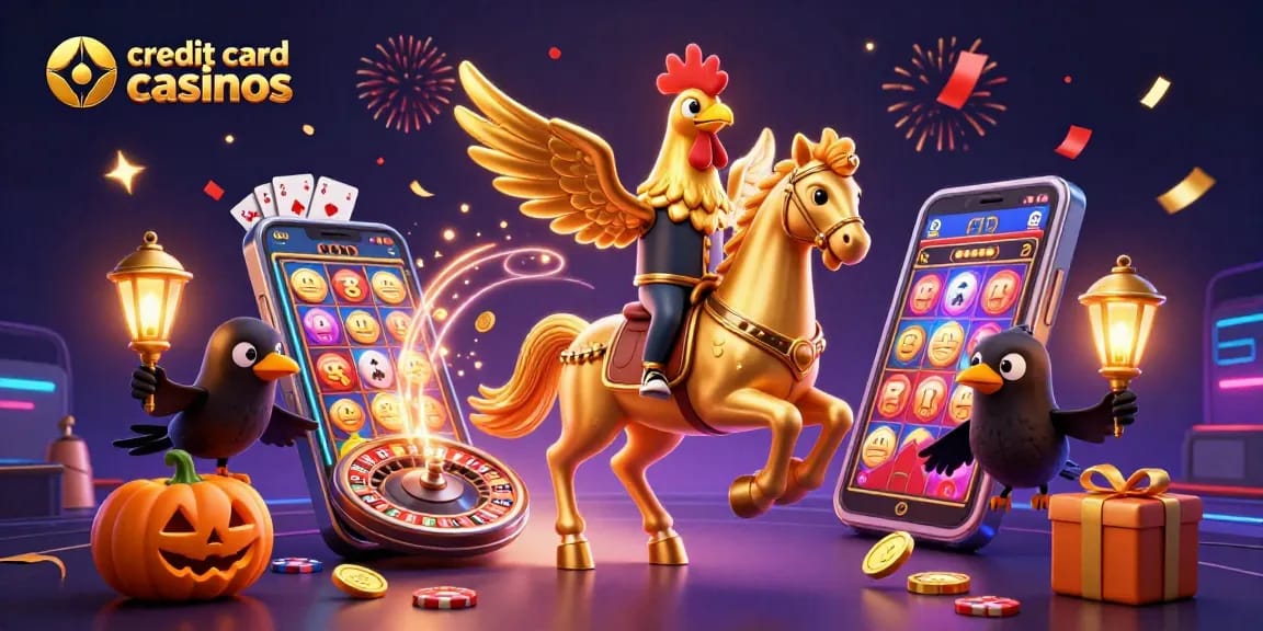 Experience credit card casinos with vibrant slot games and festive casino elements overflowing with energy.