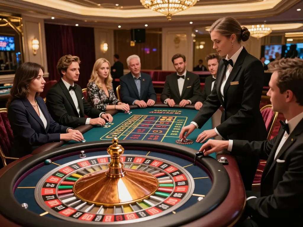 Experience the thrill of a roulette game at ok8386 casino, featuring excited players and vibrant decor.