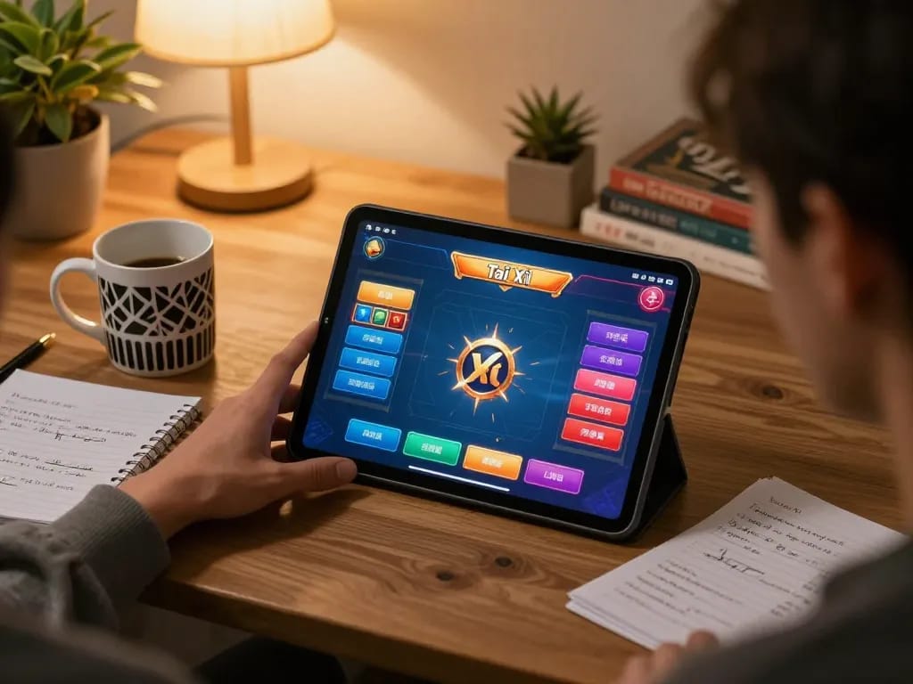 Tài xỉu online gameplay on a tablet, capturing an engaging home atmosphere with strategic notes and a cozy setup.