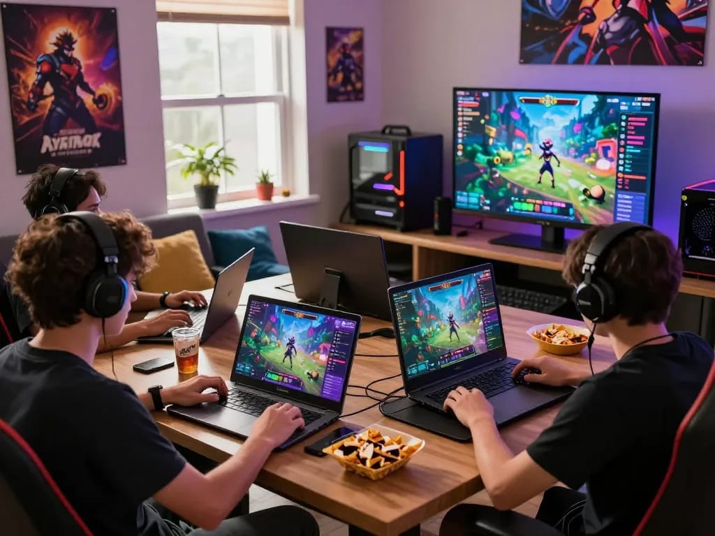 Engaging scene of gamers playing html porn games on laptops and tablets, showcasing immersive virtual worlds.