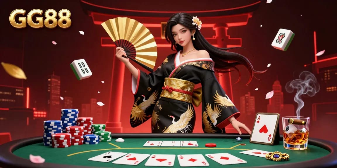Engage with GG88's vibrant casino scene featuring a glamorous Asian woman amidst dynamic poker action and elegant designs.