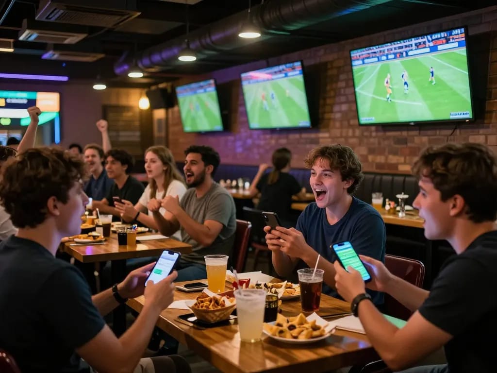 Excited fans engaging in trực tiếp bóng đá hôm nay at a modern sports bar while using betting apps.