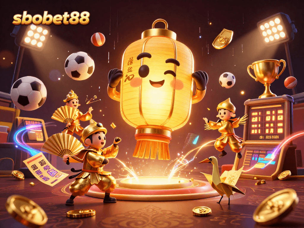 Sbobet88 offers dynamic sports betting action with golden spirit and sports elements in a vibrant casino atmosphere.
