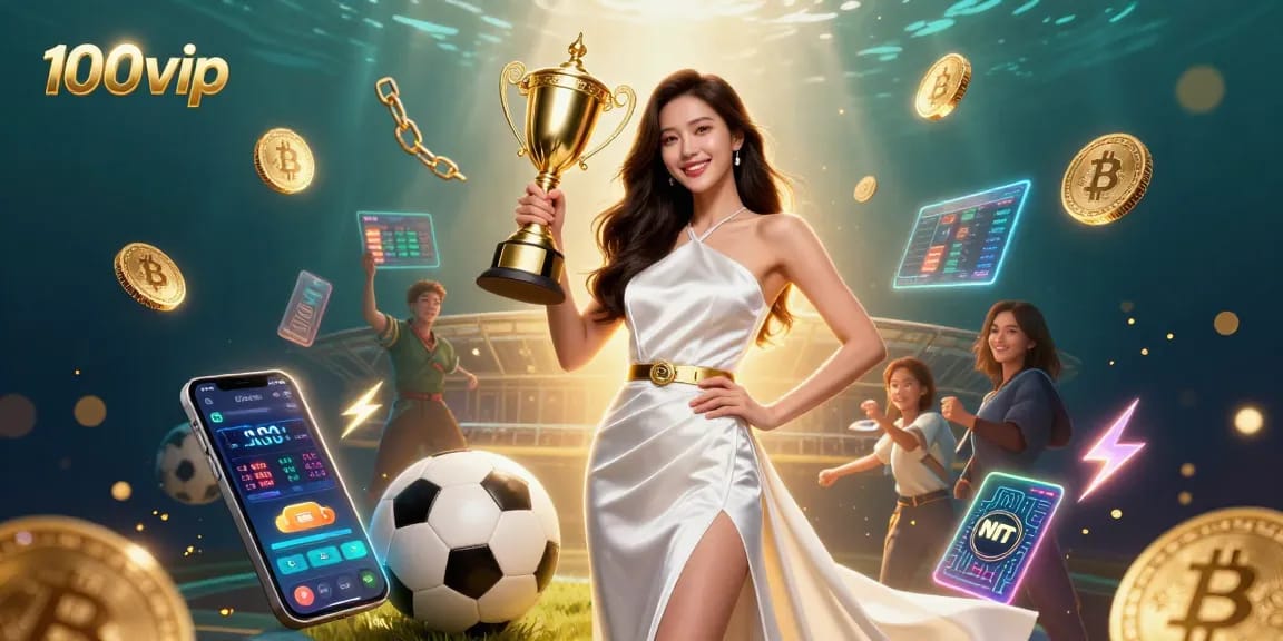 Engage with 100vip on a vibrant stage, celebrating victory in sports betting with cryptocurrency elements.