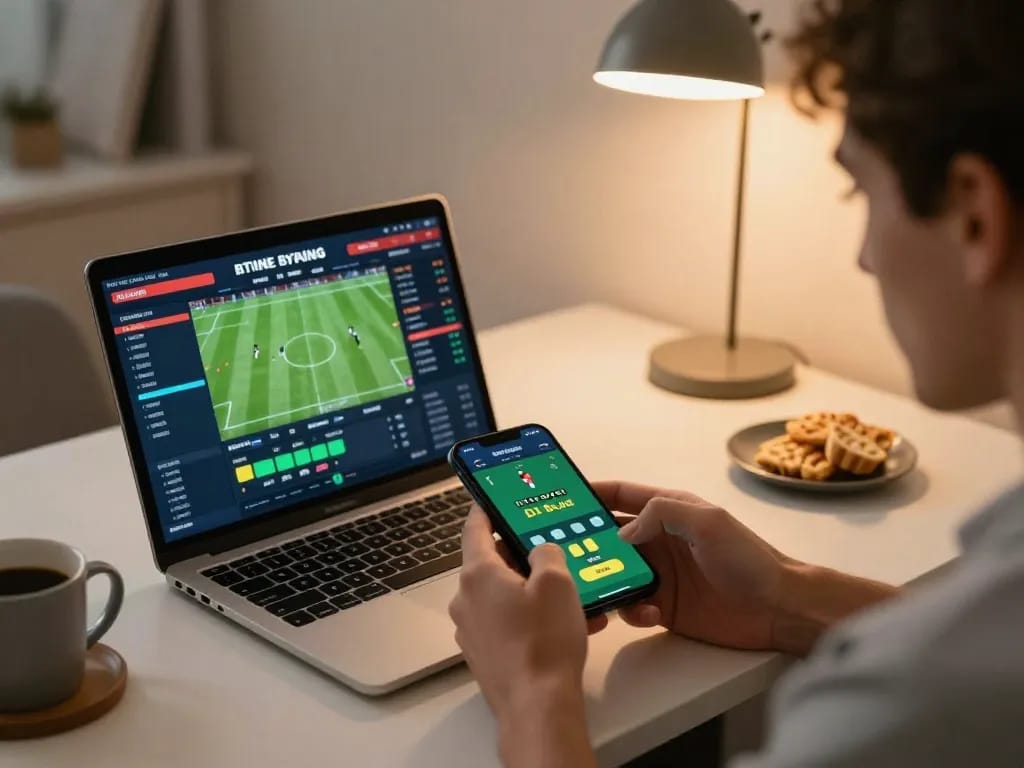 Player engaging in keo nha cai sports betting with smartphone in a modern home office.