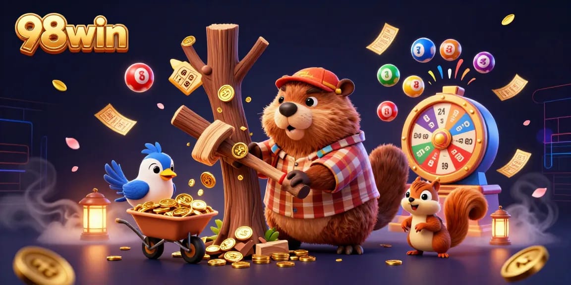 Engage with the exciting 98win casino experience as golden coins rain from a chopping beaver!