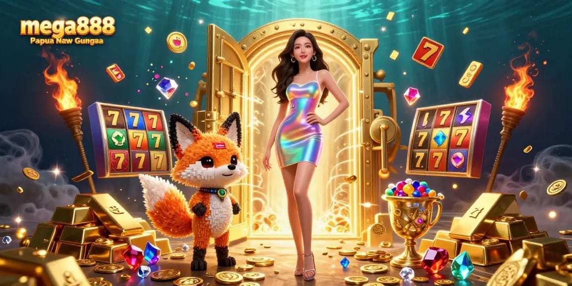 Engage with mega888 Papua New Guinea in a vivid, colorful 3D illustration showcasing dynamic gambling elements and a futuristic theme.