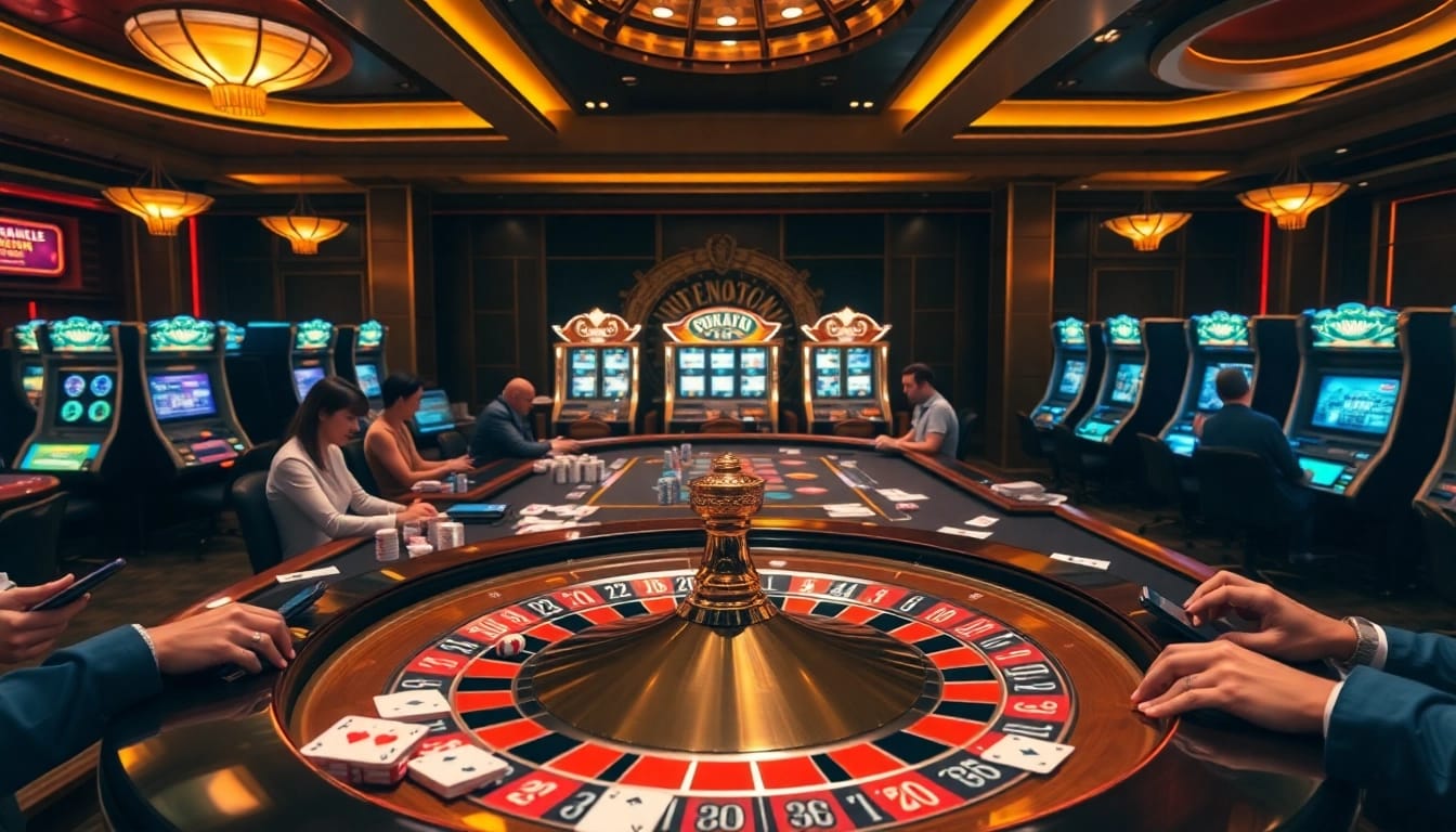 Nohu90 đăng nhập at a vibrant online casino featuring roulette, poker, and glowing slot machines.