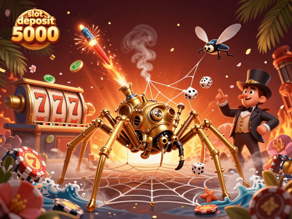 Win big at slot deposit 5000 with a colorful steampunk casino adventure, showcasing intricate details and vibrant elements.