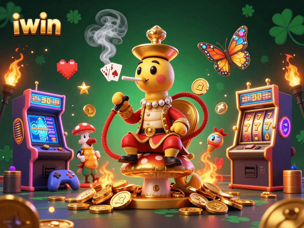 iwin casino illustration showcasing vibrant characters, slot machine action, and gaming elements.