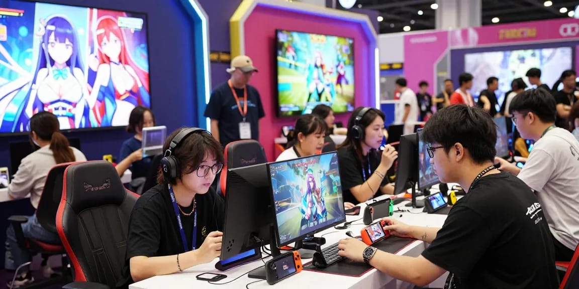 Players enjoying hentai games at a vibrant gaming convention with engaging graphics.