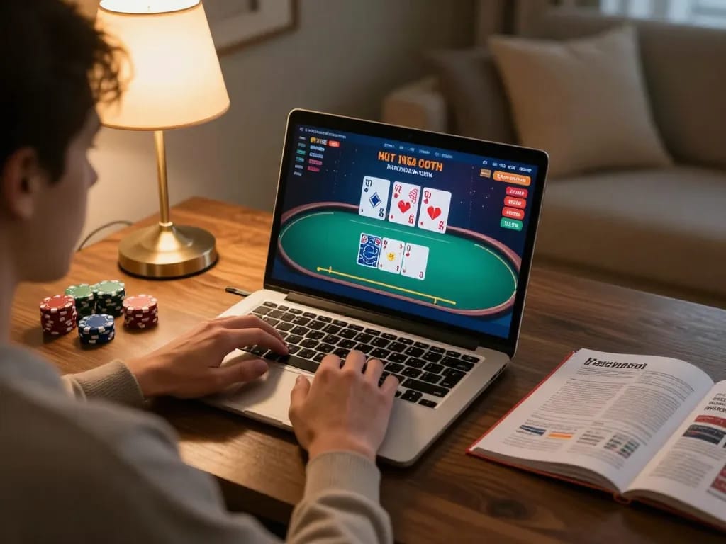 Engaging in kerajaanslot through live poker gaming on a laptop at home.