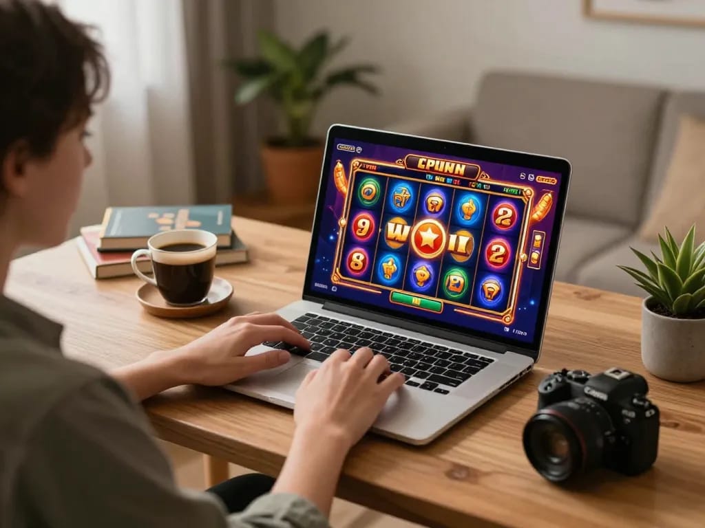 Enjoying an exciting online game at 68win com, colorful slot reels and big win notification displayed on a laptop.