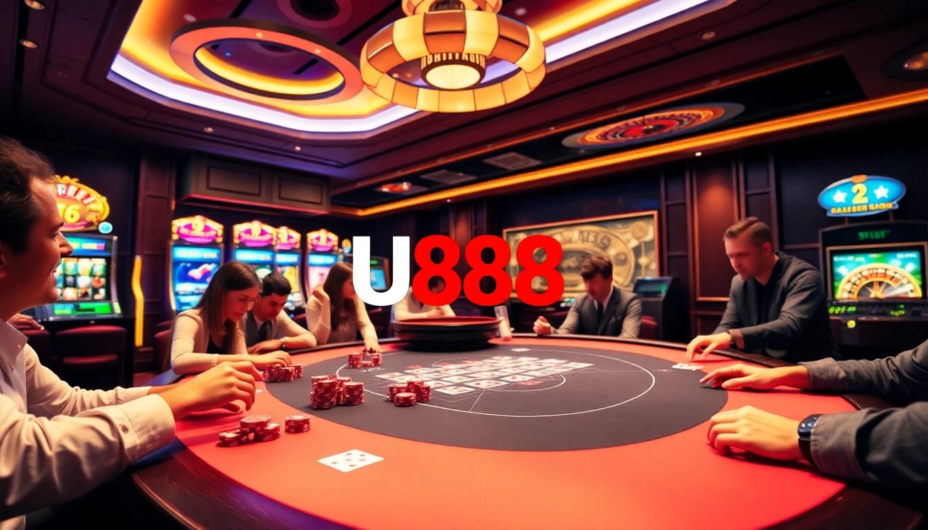 Players enjoying an exciting game at U888 Casino with vibrant poker chips and a roulette wheel.