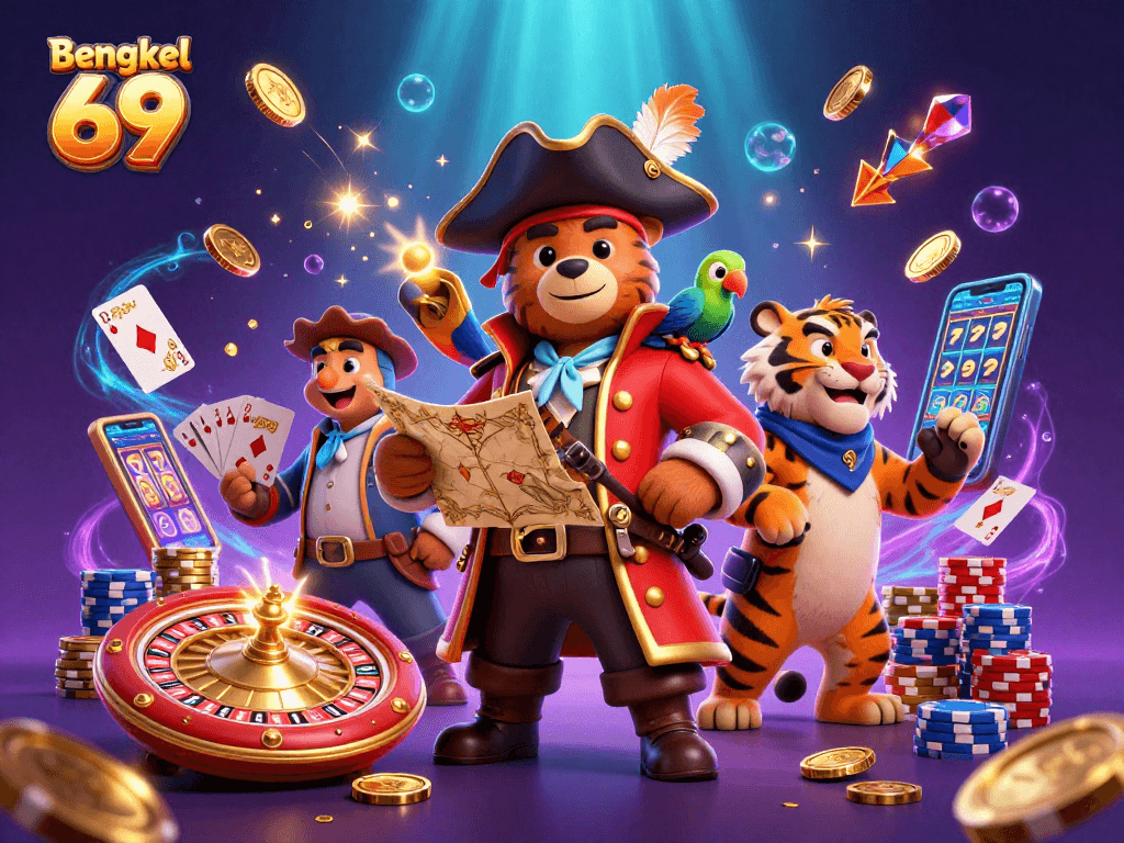 Engage with Bengkel 69 at this vibrant casino illustration featuring a pirate bear, tiger, and treasures.