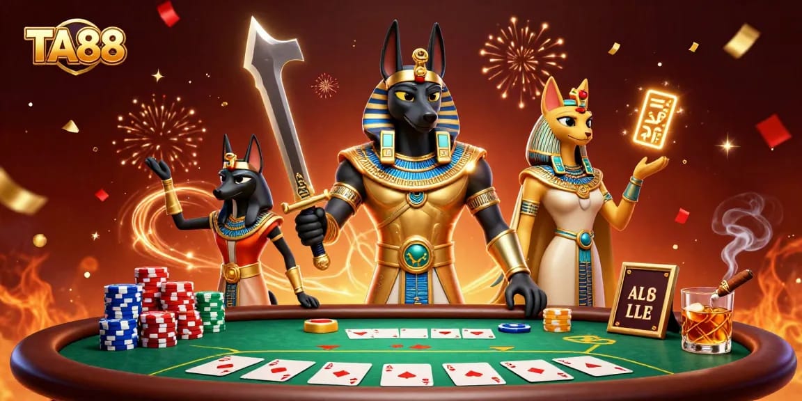 Engage in thrilling TA88 poker action with epic Egyptian characters amidst vibrant casino elements.