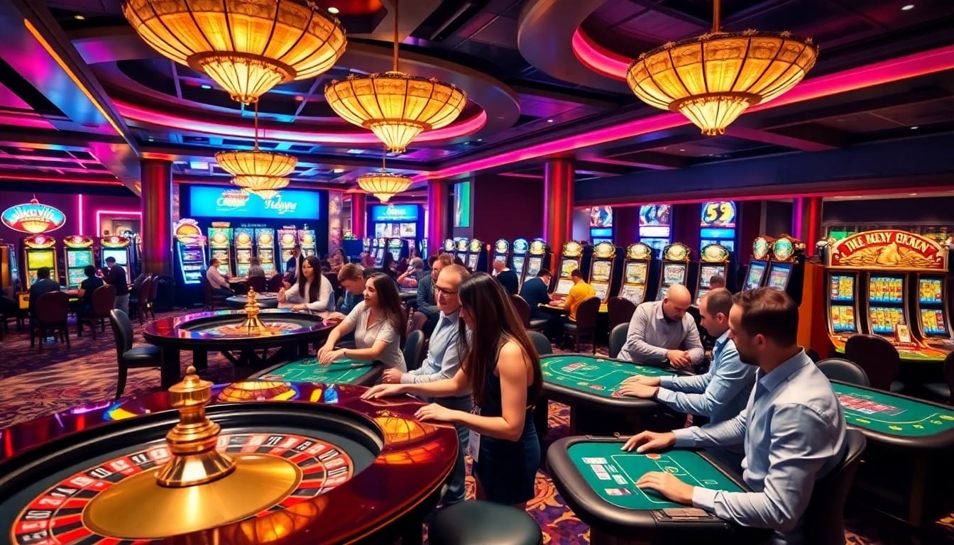 Players enjoying thrilling games at Luckywin's vibrant casino floor.