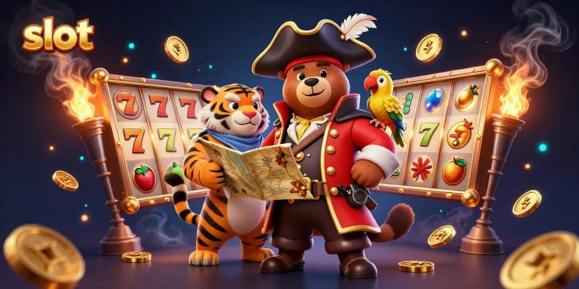 Experience thrilling slot gameplay with 3D cartoon characters in a vibrant casino scene.
