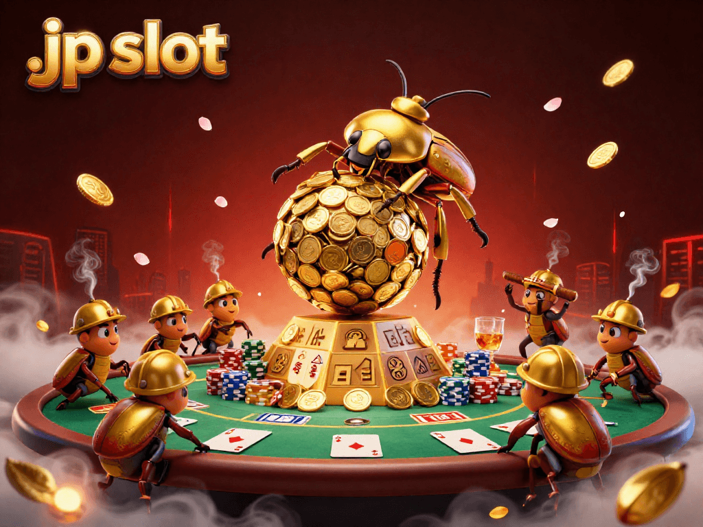 Experience the thrill of jp slot with golden dung beetles navigating a casino pyramid.