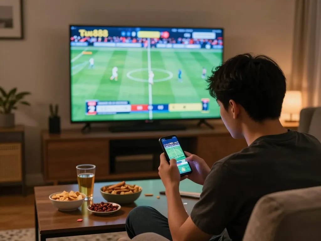 Engaged sports bettor using uu88 on smartphone while watching live sports event at home
