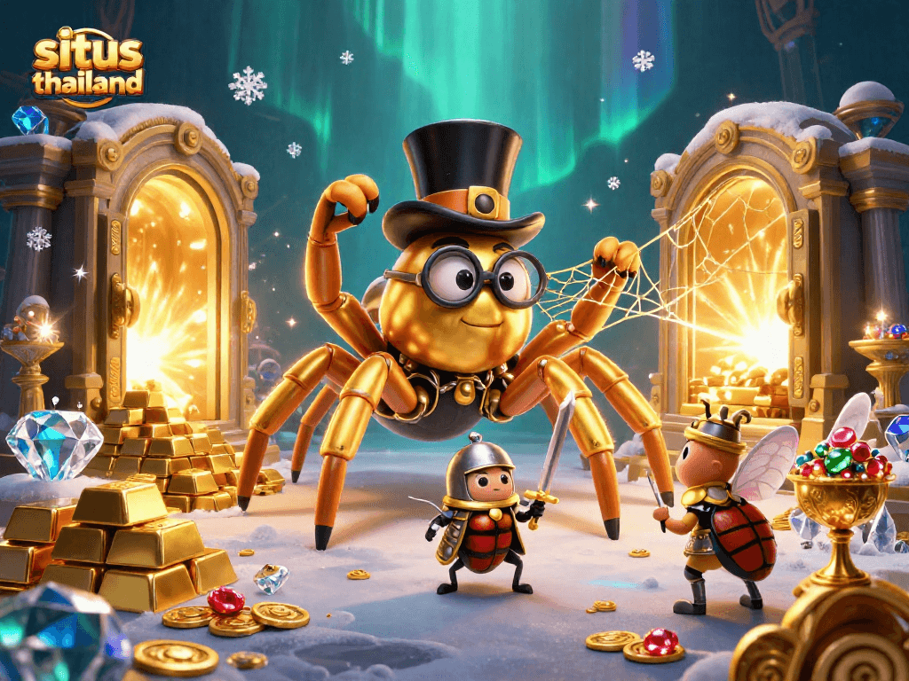 Spin to win on situs thailand with exciting slot reels and golden treasures in a vibrant casino scene.