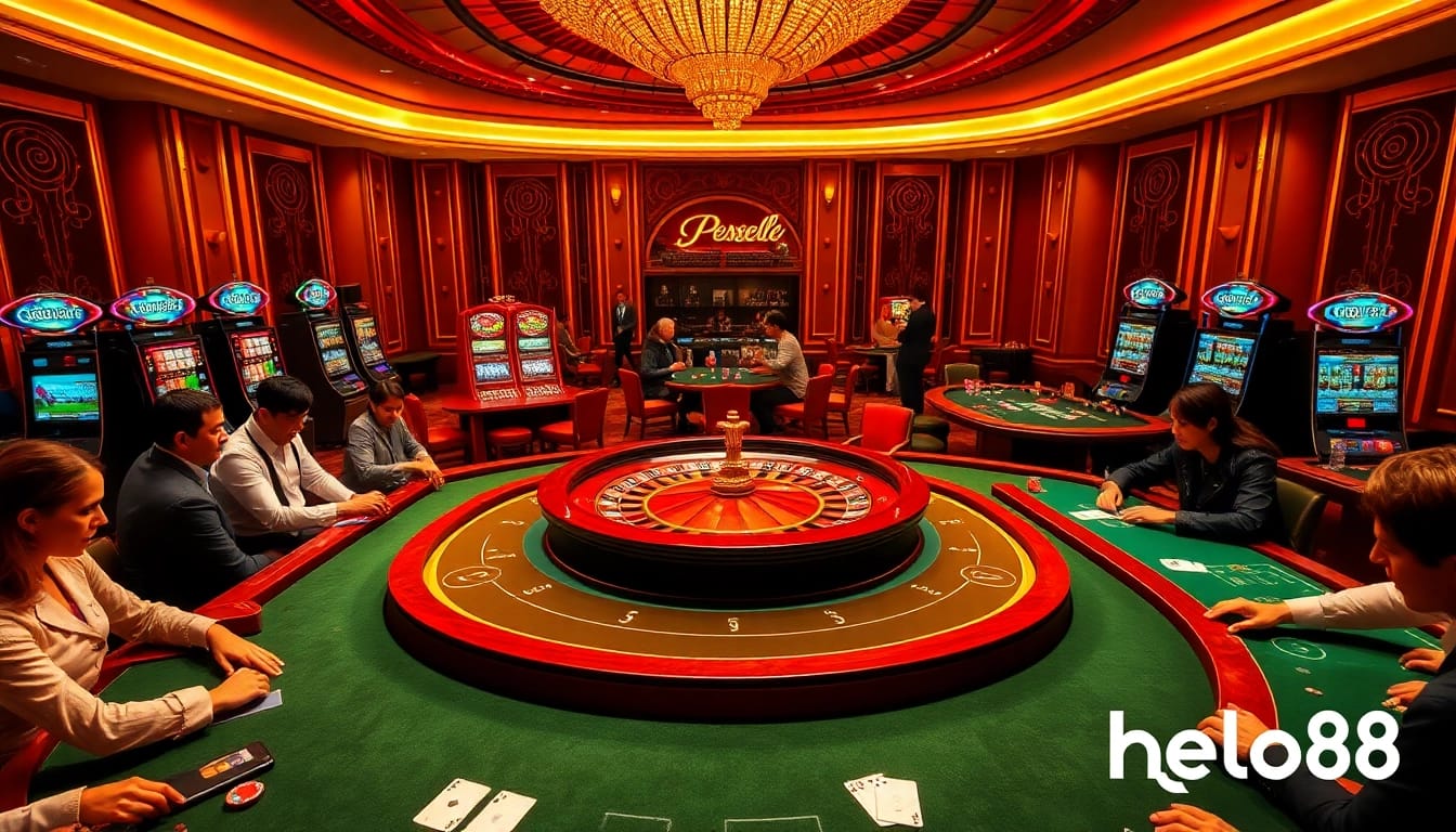 Players enjoy vibrant casino games at Hello88, surrounded by bright slot machines and luxurious decor.