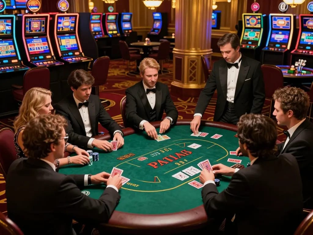 Engaging poker gameplay at a luxury casino, showcasing qtr88 vibrant action and excitement.