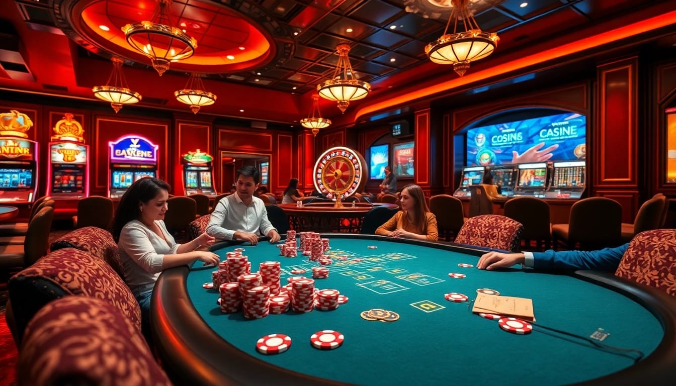Engaging casino atmosphere on the Homepage showcasing lively gaming excitement and luxurious poker tables.