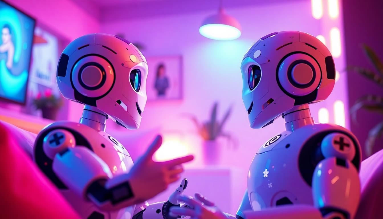 A cozy digital environment showcasing a flirty conversation between AI chatbots, emphasizing the theme of sex AI chat.