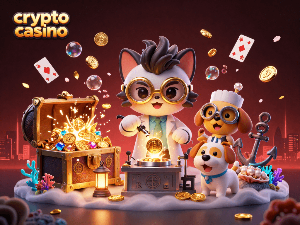 Engage in a vibrant crypto casino scene with cartoon characters creating gold coins amidst treasures.