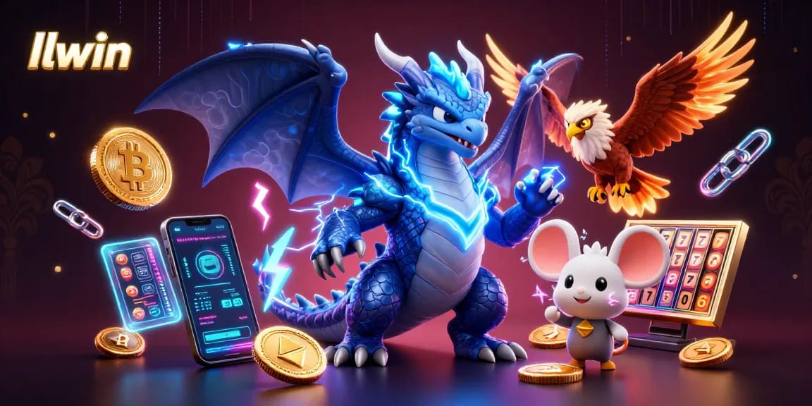 Experience thrilling casino world with llwin's dynamic characters and crypto-themed elements in vibrant 3D illustration.