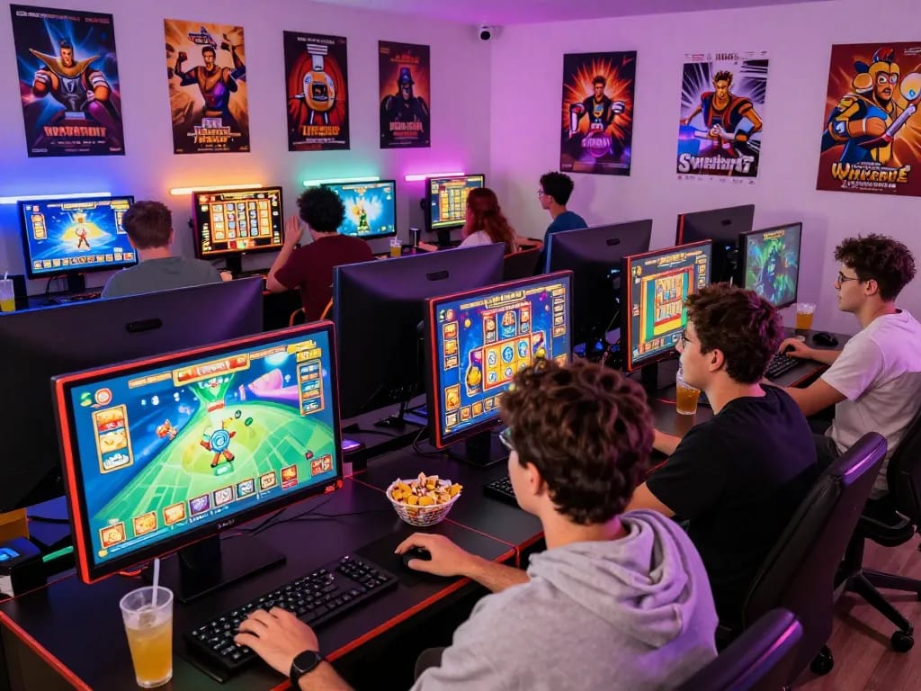 Engage with kerajaanslot in a lively online gaming setup filled with players and vibrant slot game displays.