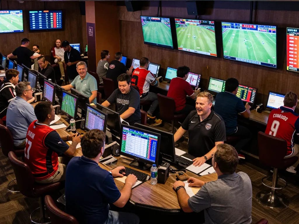 Active sports betting scene showing patrons engaging in soi kèo wagers at a vibrant sportsbook.