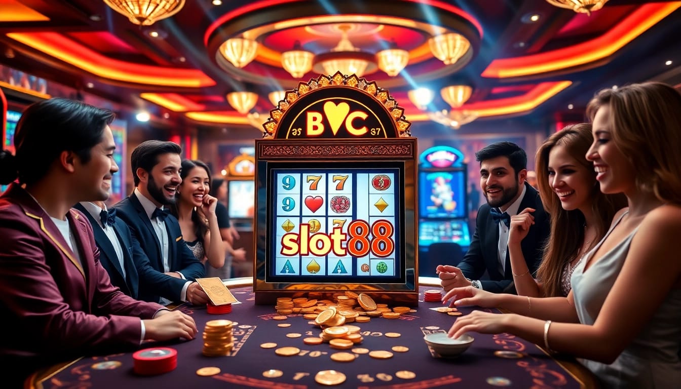Excited players winning at the slot88 machine in a vibrant casino setting filled with luxury.