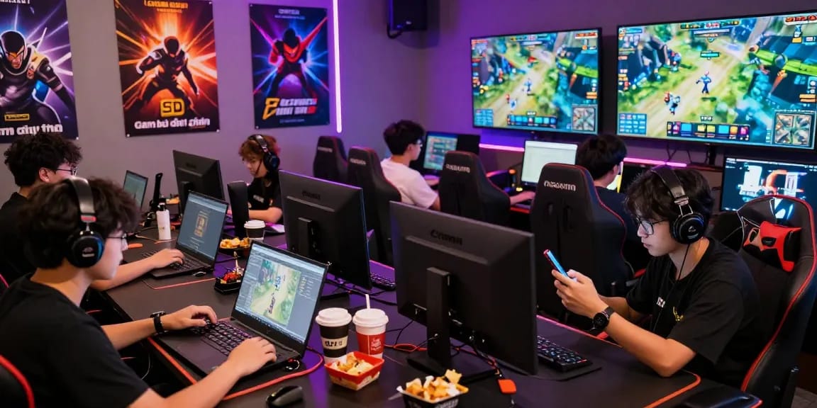Players engaged at gaming lounge with colorful lights promoting https://gamebaidoithuong.is/ and online strategies