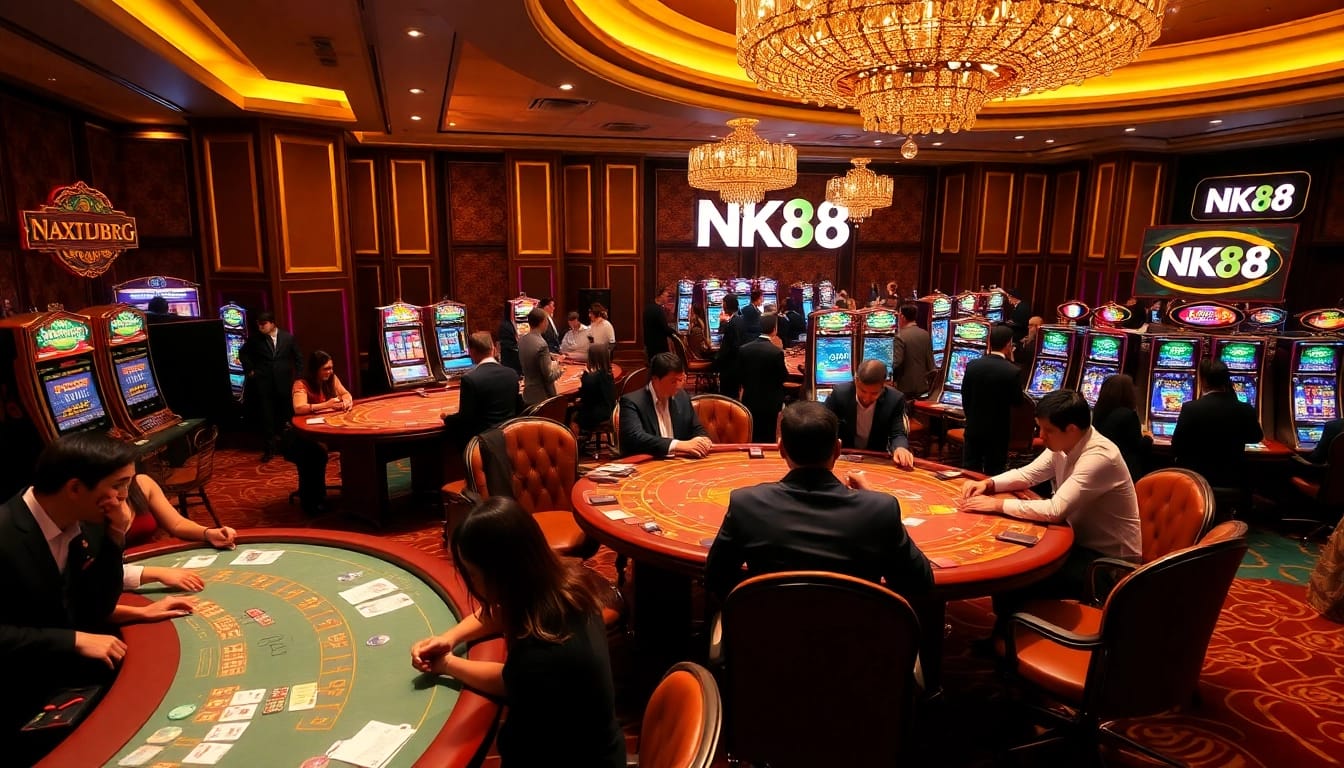 Experience thrilling gameplay at NK88 with vibrant casino elements like poker tables and slot machines.