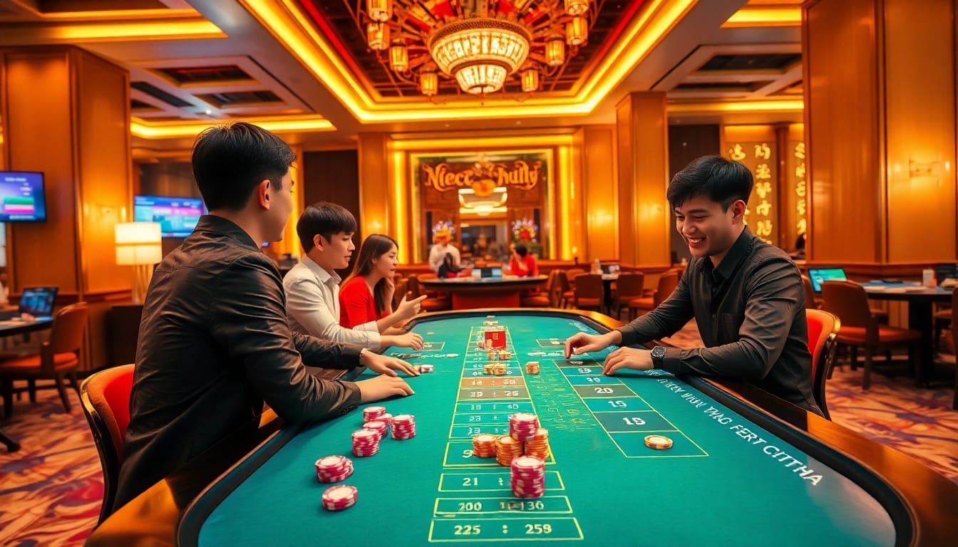 Engaging players enjoying xóc đĩa online with vibrant chips and a digital interface in a luxurious casino.