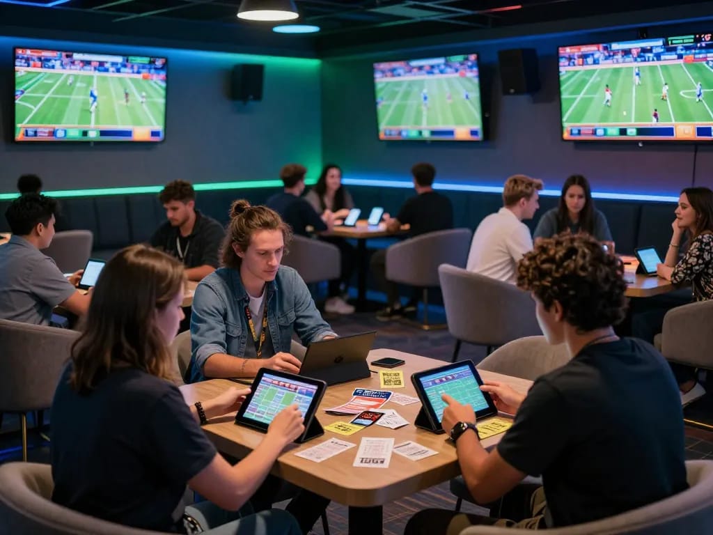 Enjoying a thrilling moment of soi keo nha cai in a vibrant sports betting lounge with excited fans