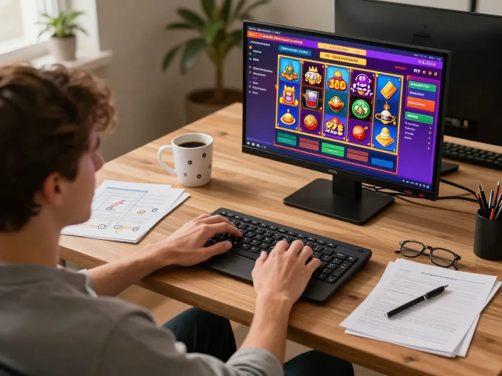 Engaging with Canadian online casinos at home, showing vibrant gaming setup and strategic planning