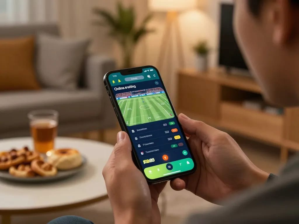 Engaging scene of a user placing bets on Fun88 mobile app in a cozy home environment