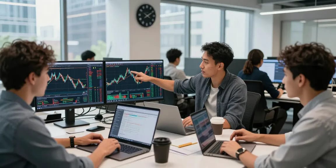 Трейдеры обсуждают bitmex отзывы, анализируя графики в современном офисе.