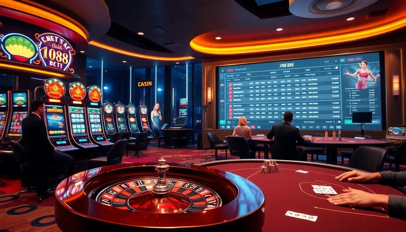 Players engaged in thrilling games at xn88 bet casino, showcasing vibrant slot machines and a roulette wheel.