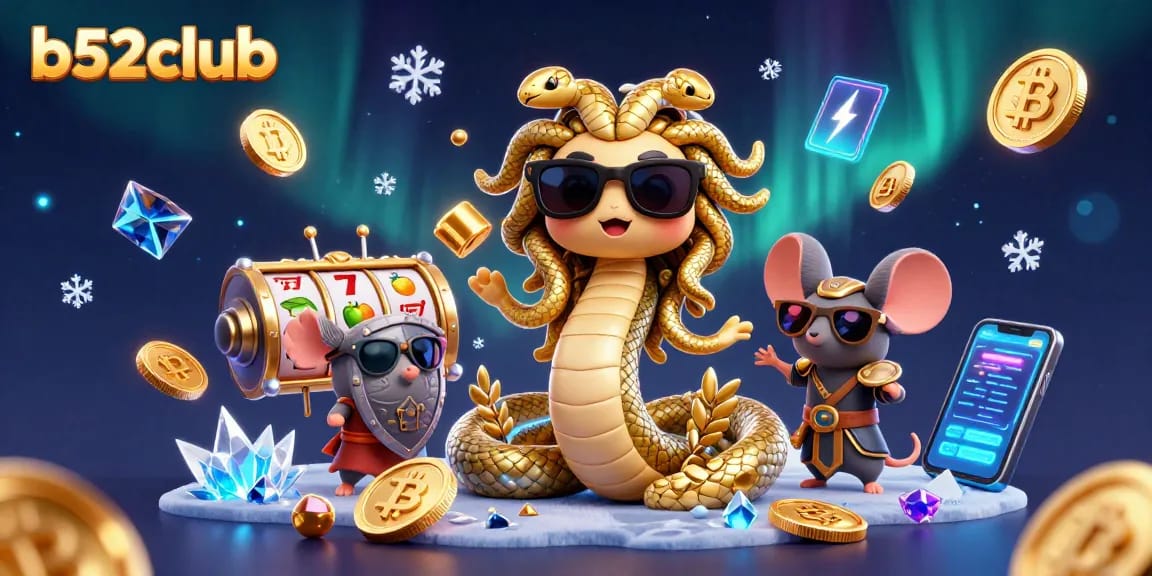 B52club engaging players with a vibrant 3D scene of friendly characters and dynamic casino elements.