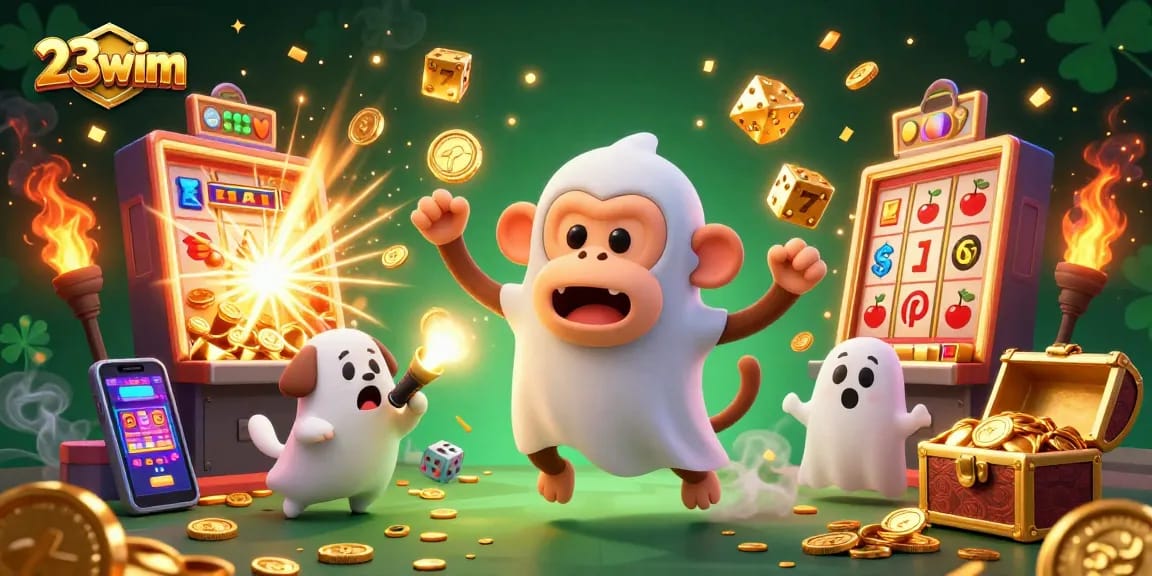 Engage with the playful world of 23wim, featuring a poltergeist monkey in a vibrant casino scene.