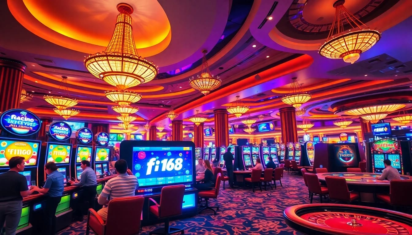 Engaging players enjoying f168 nổ hũ slots amidst a vibrant casino atmosphere.