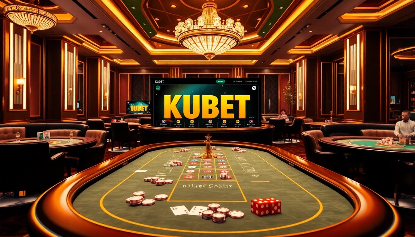 Kubet offers thrilling online gaming at luxurious casino tables with vibrant cards and dice.