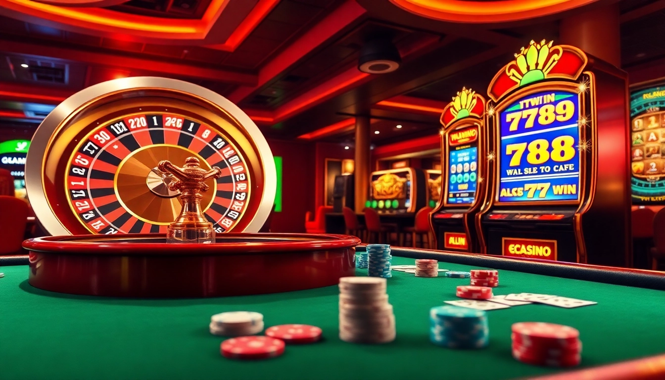 Experience the thrill of 789 win with vibrant casino tables and slot machines in a luxury gambling setting.